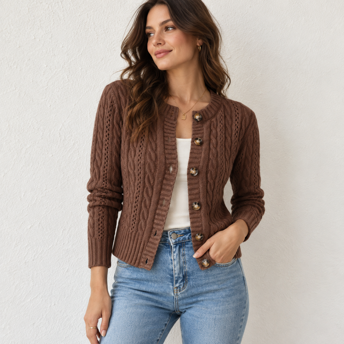 Elodie | Chic Cropped Cable Knit Button Front Cardigan for Women