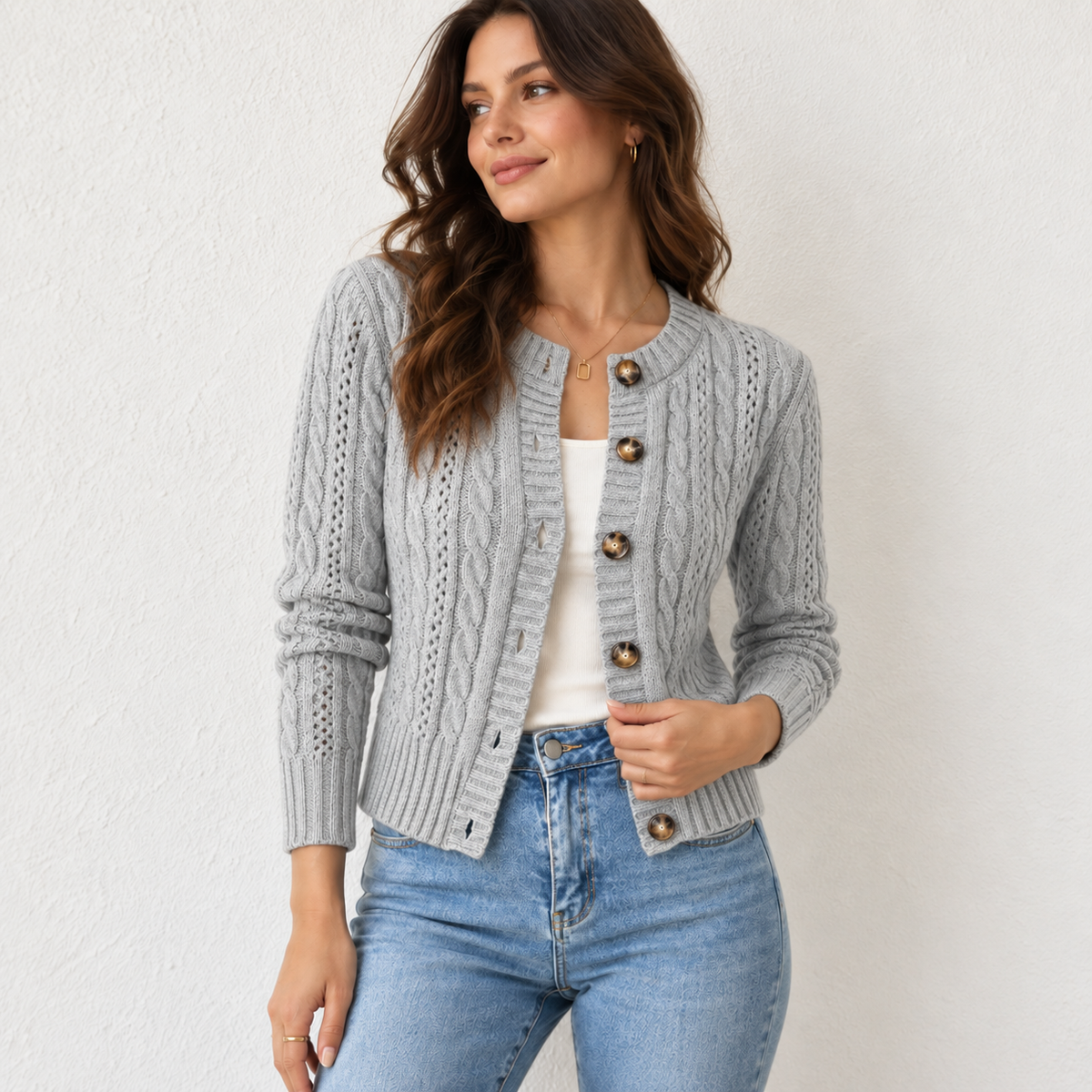 Elodie | Chic Cropped Cable Knit Button Front Cardigan for Women