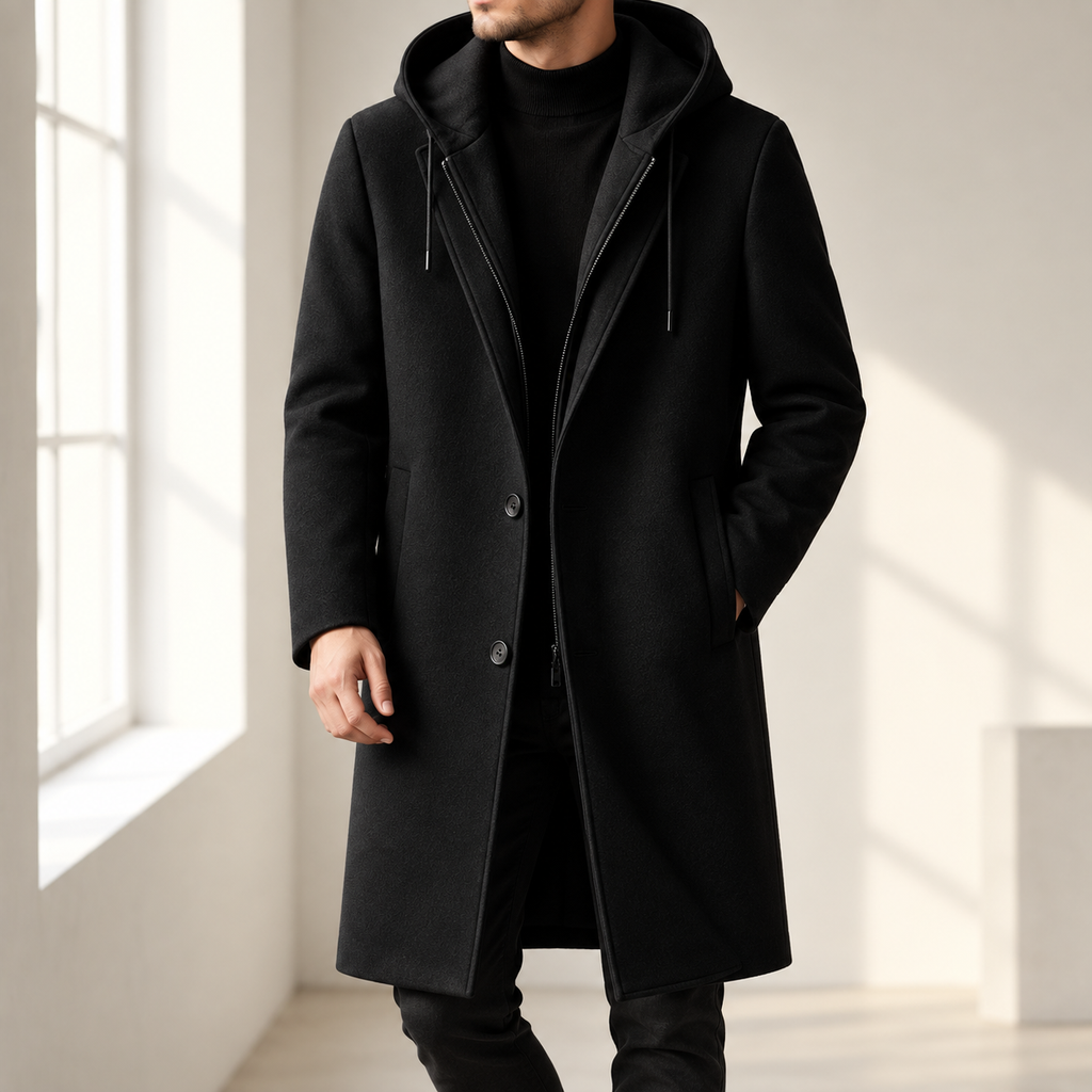 Alden | Men's Wool-Blend Hooded Overcoat with Notched Lapel & Single-Breasted Front