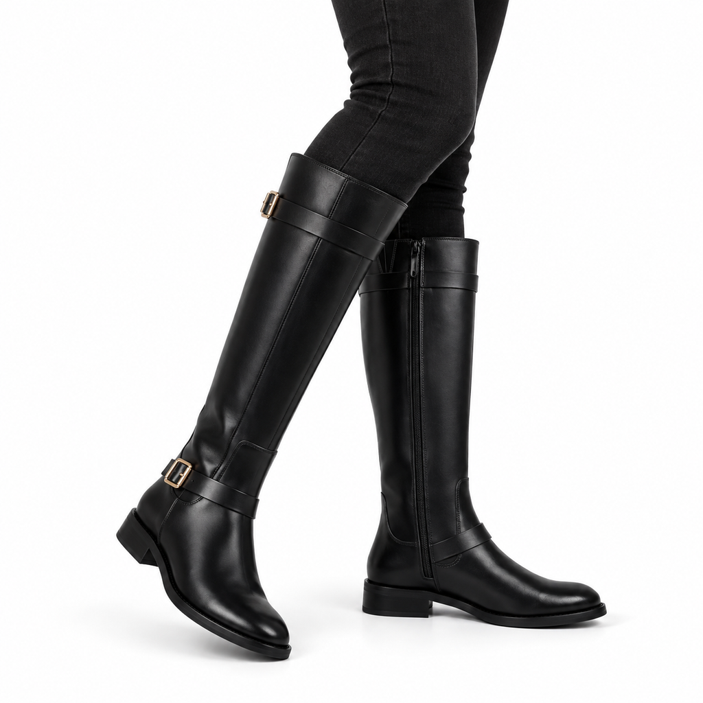 Rosamund | Women’s Wide Calf Knee-High Leather Riding Boots with Gold Buckle Straps