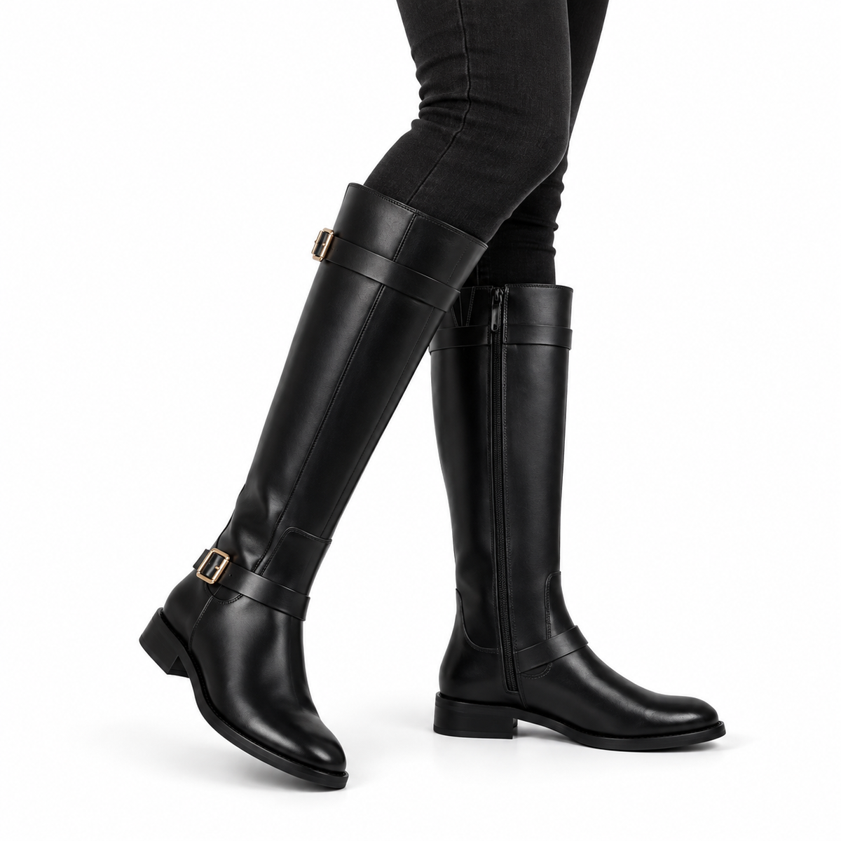 Rosamund | Women’s Wide Calf Knee-High Leather Riding Boots with Gold Buckle Straps