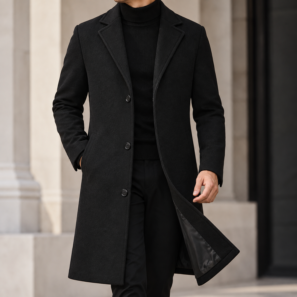 Evander | Men’s Elegant Long Wool-Blend Coat with Tailored Lapel Collar