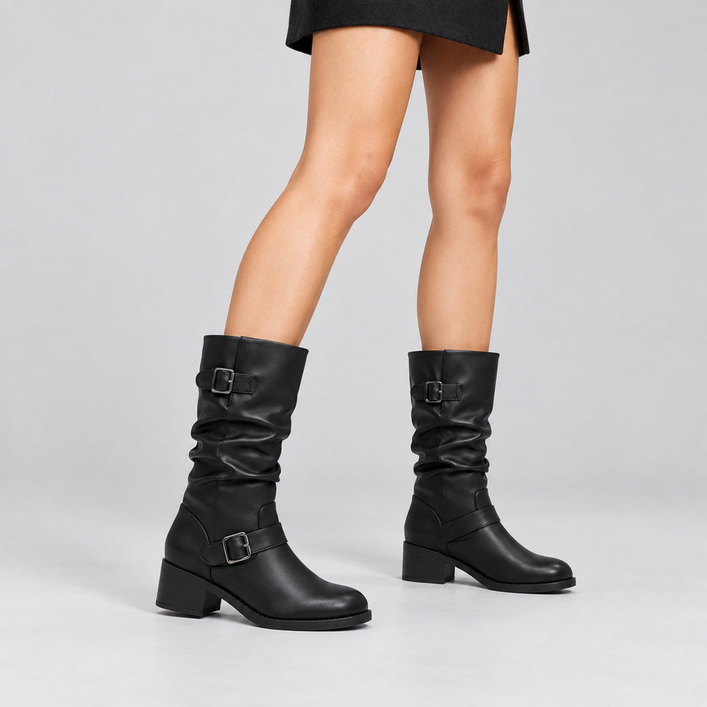 Elara | Women’s Heeled Knee-High Slouch Boots with Buckle Straps & Block Heel