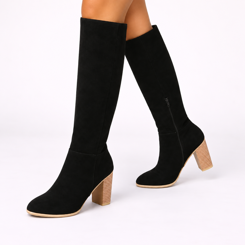 Elara | Women's Elegant Suede-Look Knee-High Boots – Classic Block Heel Tall Boots
