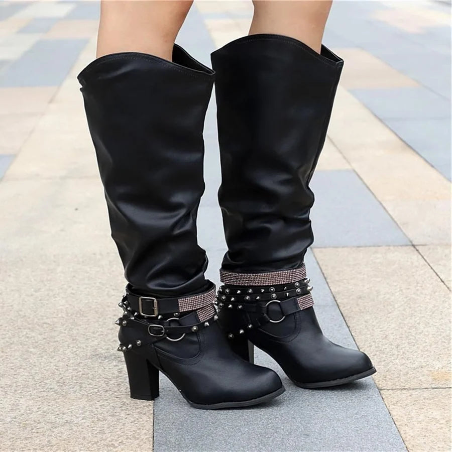 Sabine | Women’s Knee-High Boots with Studded Straps & Block Heel