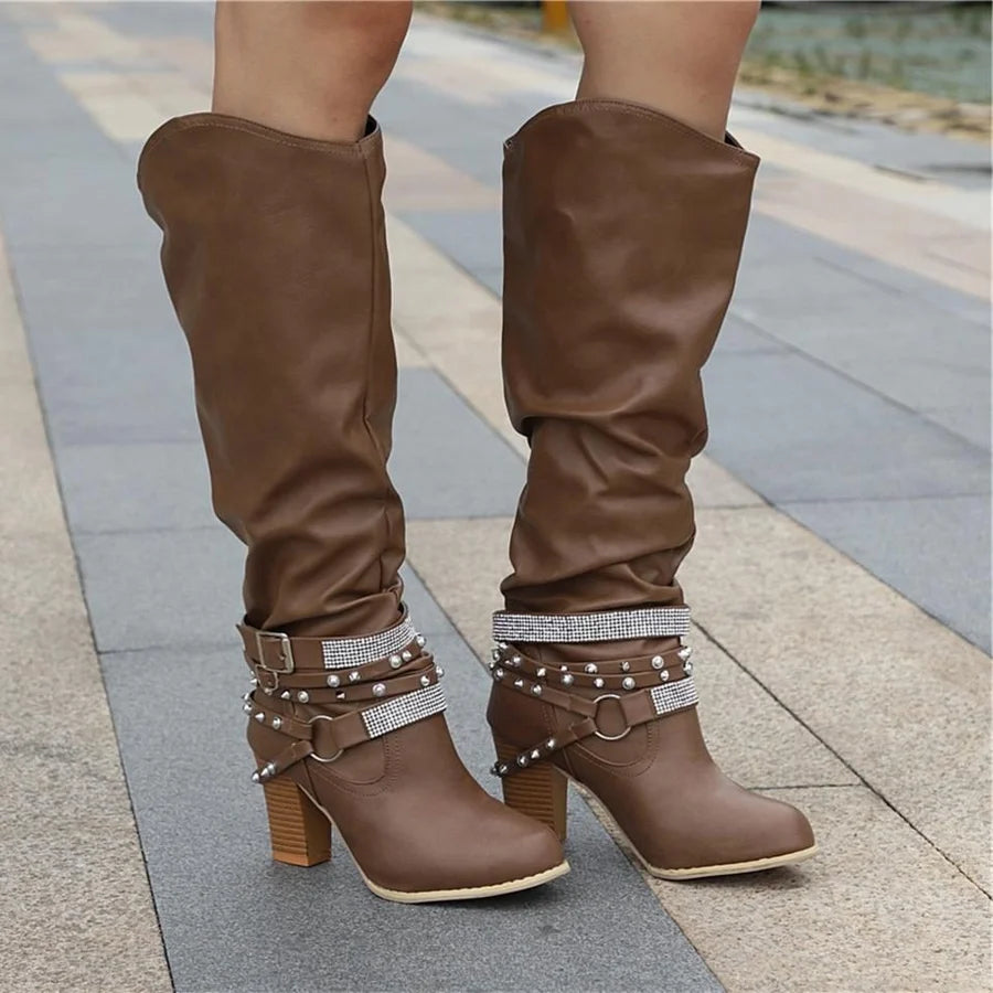 Sabine | Women’s Knee-High Boots with Studded Straps & Block Heel