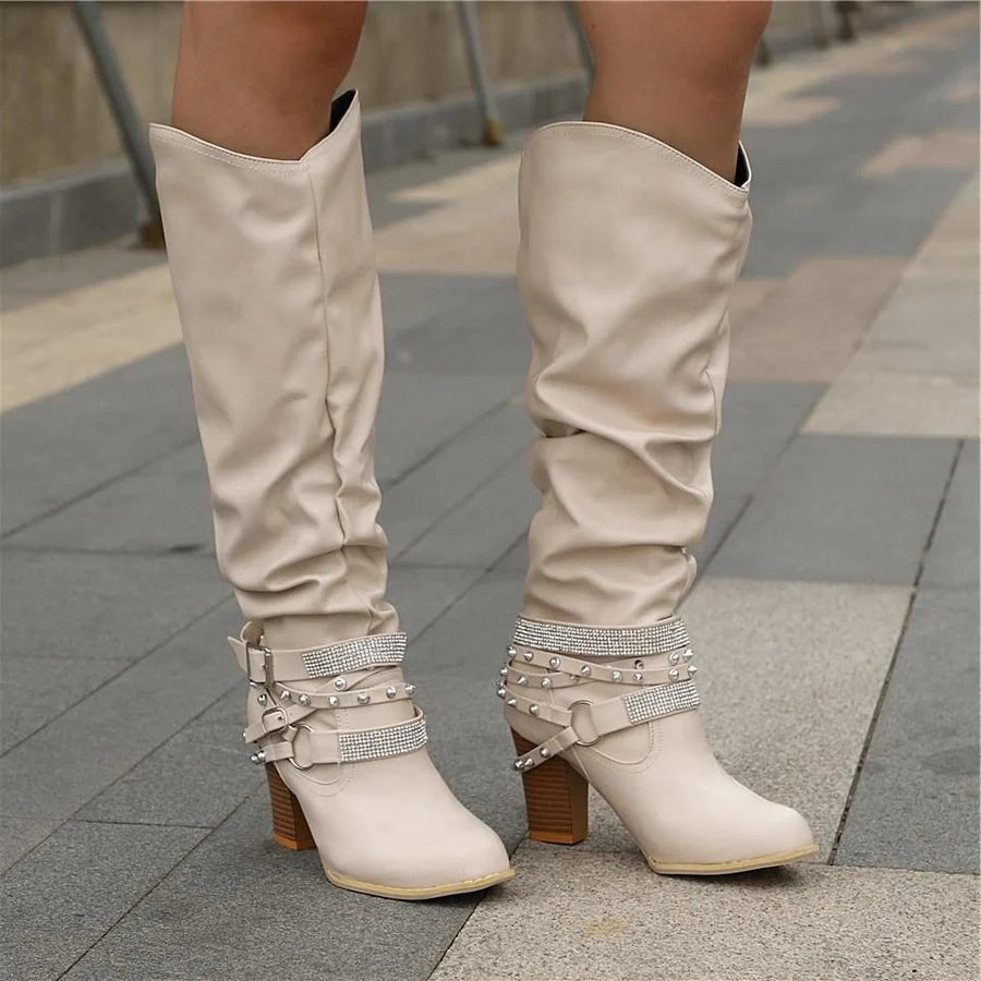 Sabine | Women’s Knee-High Boots with Studded Straps & Block Heel