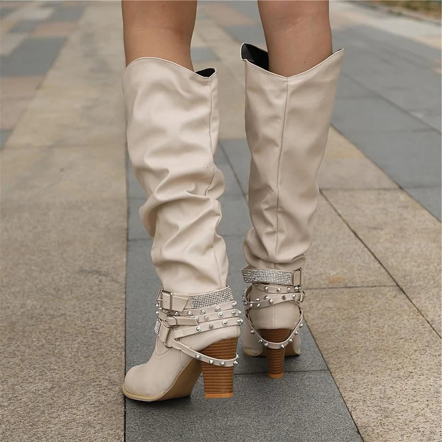 Sabine | Women’s Knee-High Boots with Studded Straps & Block Heel