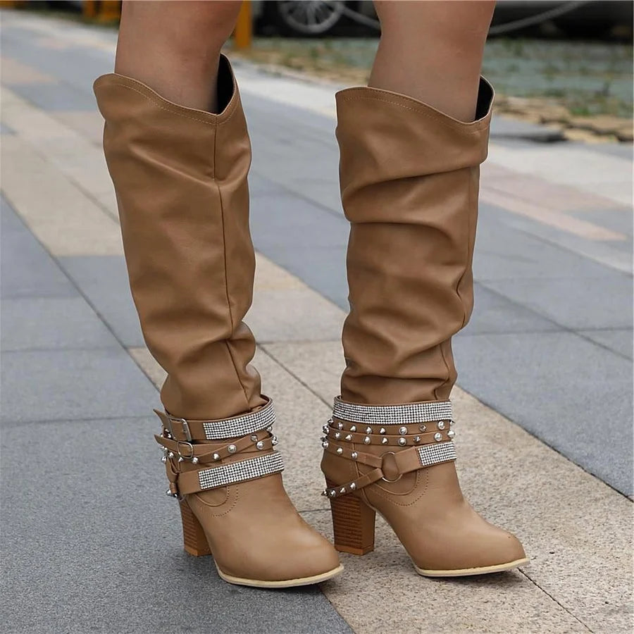 Sabine | Women’s Knee-High Boots with Studded Straps & Block Heel