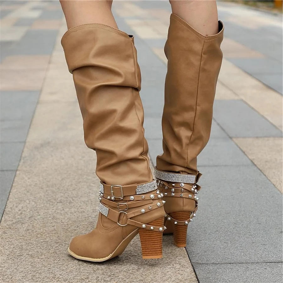 Sabine | Women’s Knee-High Boots with Studded Straps & Block Heel