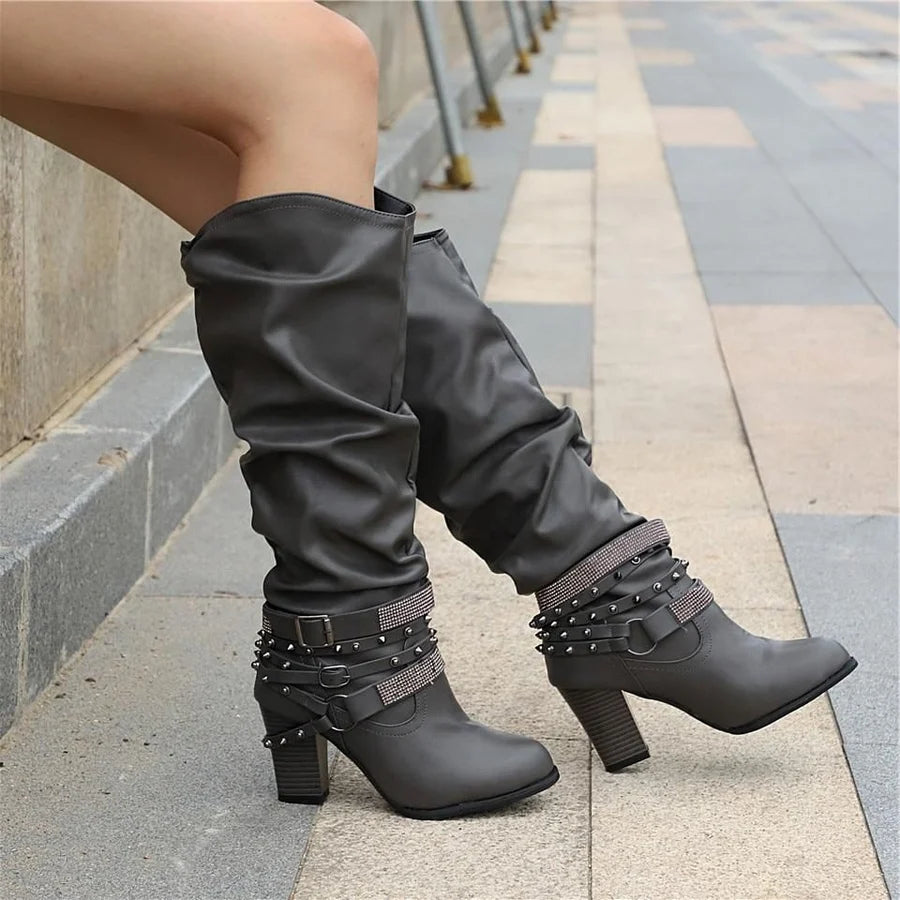 Sabine | Women’s Knee-High Boots with Studded Straps & Block Heel