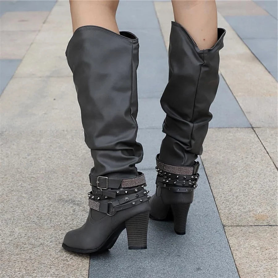 Sabine | Women’s Knee-High Boots with Studded Straps & Block Heel