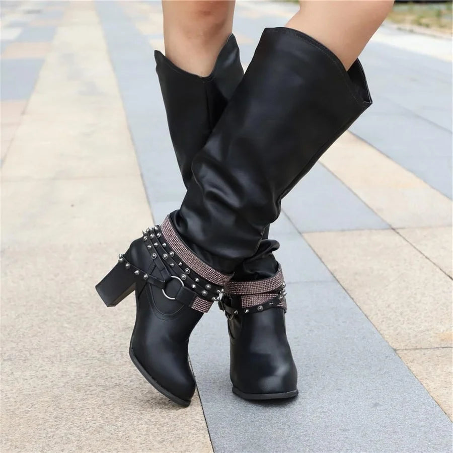 Sabine | Women’s Knee-High Boots with Studded Straps & Block Heel