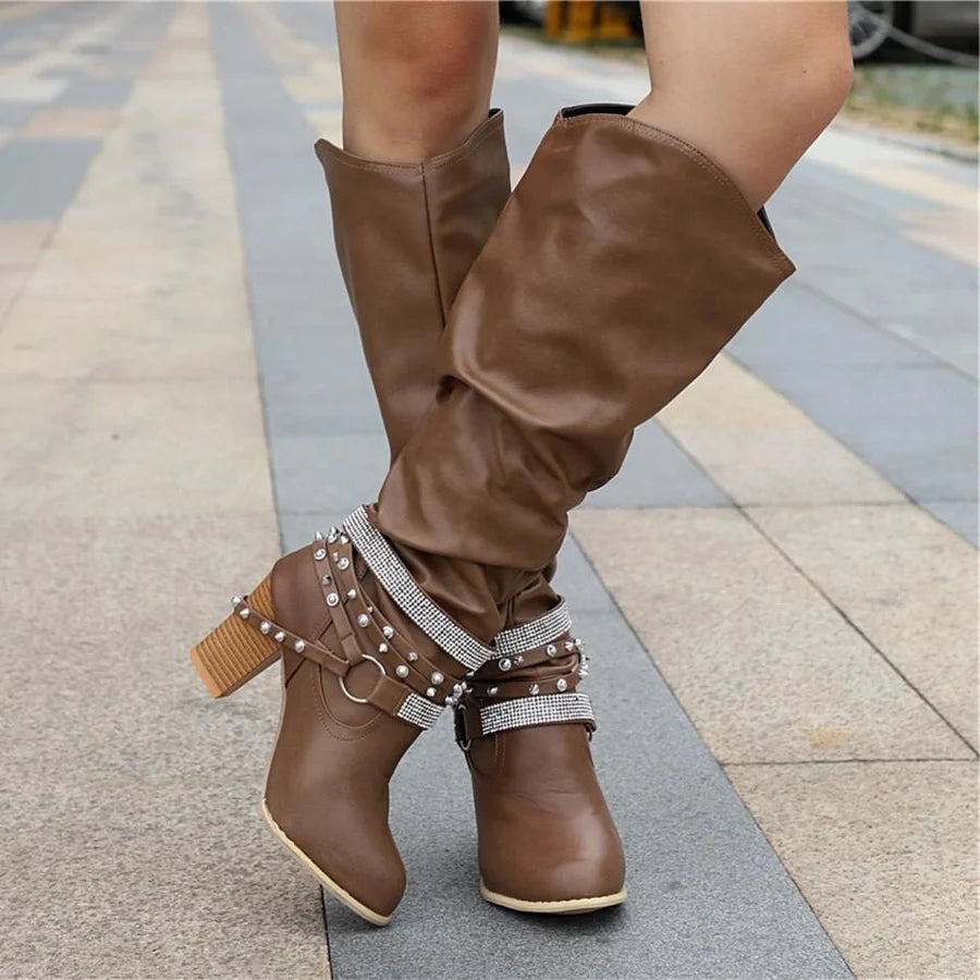 Sabine | Women’s Knee-High Boots with Studded Straps & Block Heel