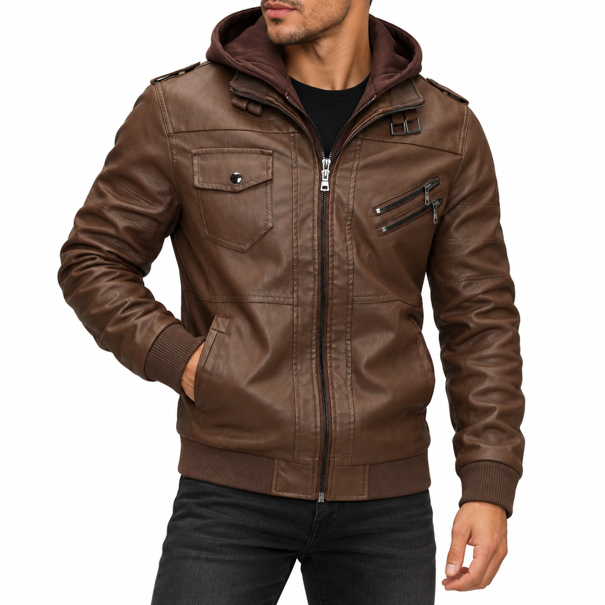 Griffin | Men's Hooded Moto Leather Jacket
