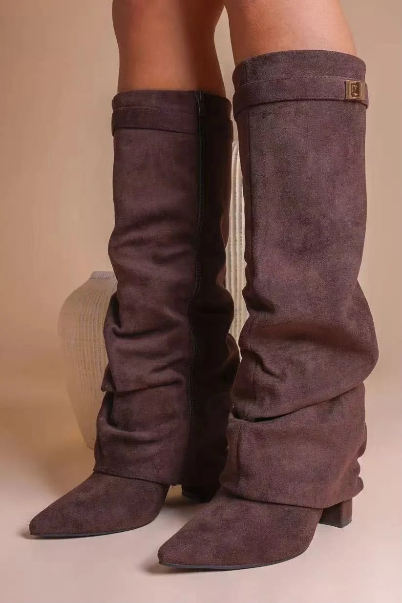 Evelisse | Women’s Suede-Effect Slouchy Knee-High Boots with Gold Buckle & Block Heel