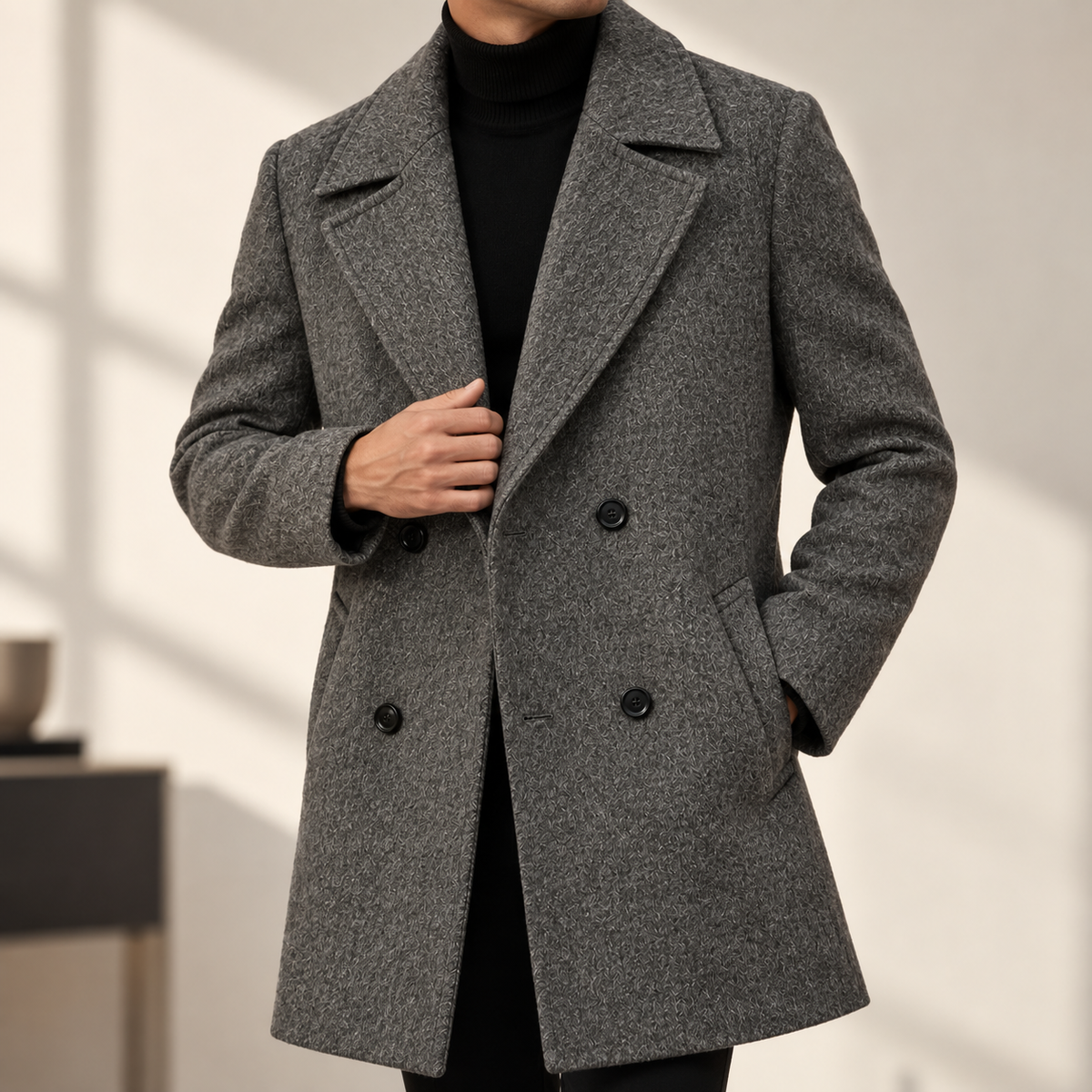 Aldric | Men’s Structured Wool-Blend Double-Breasted Coat with Notched Lapels