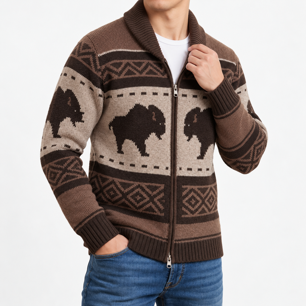 Tavian | Men's Bison Jacquard Zip Cardigan with Shawl Collar & Wool-Cotton Blend
