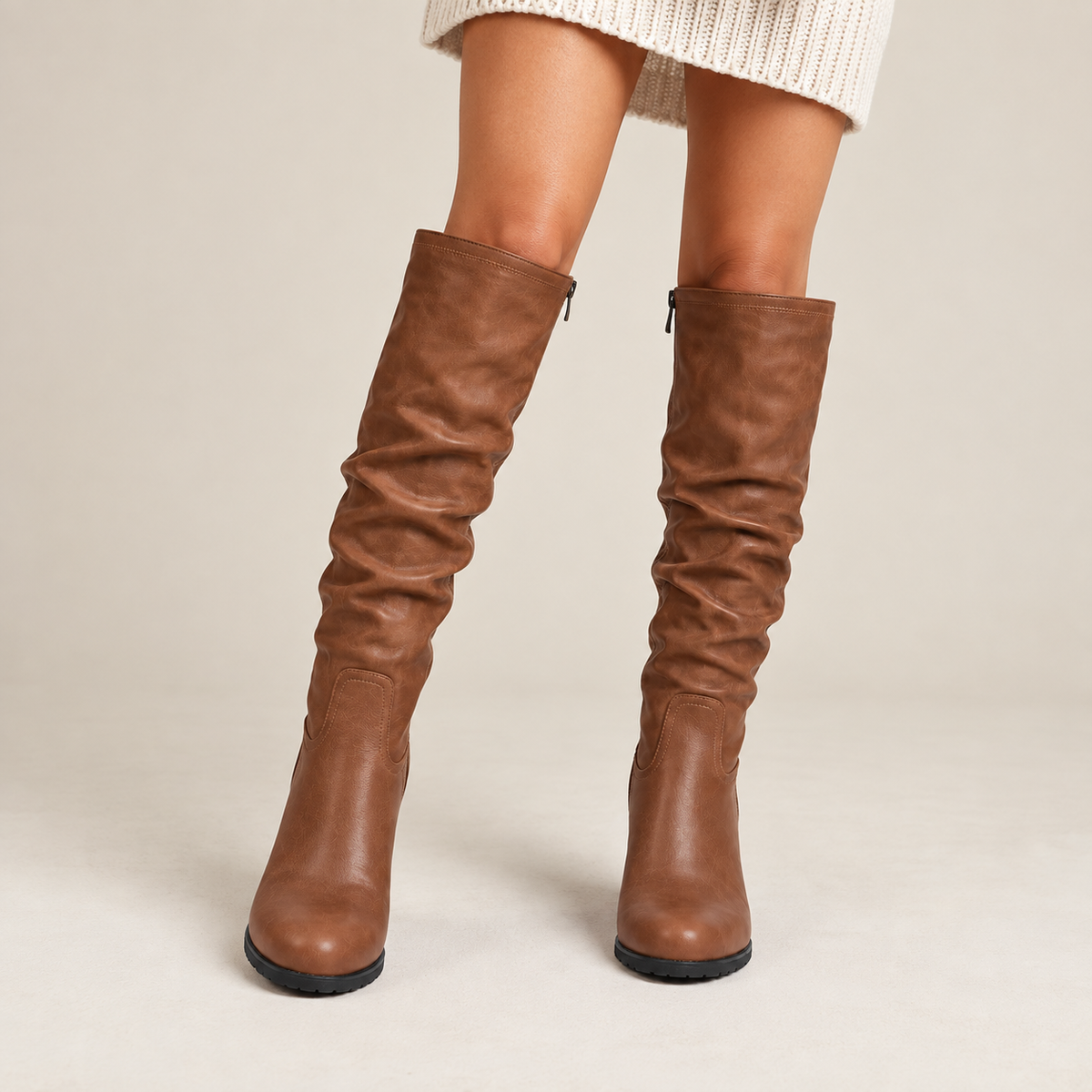 Adeline | Women's Brown Vegan Leather Knee-High Boots – Elegant Chunky Block Heel Tall Boots