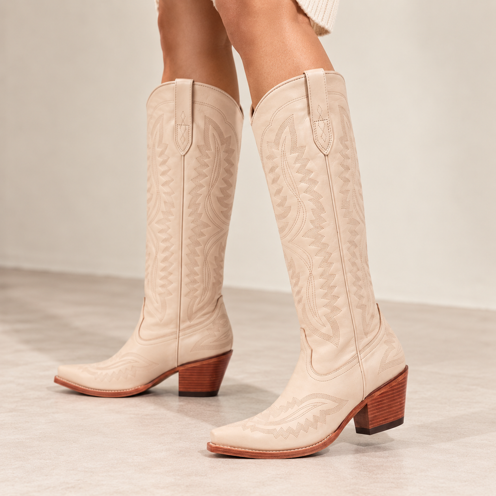 Dakota | Women's Knee-High Western Cowboy Boots with Pointed Toe & Embroidered Stitching