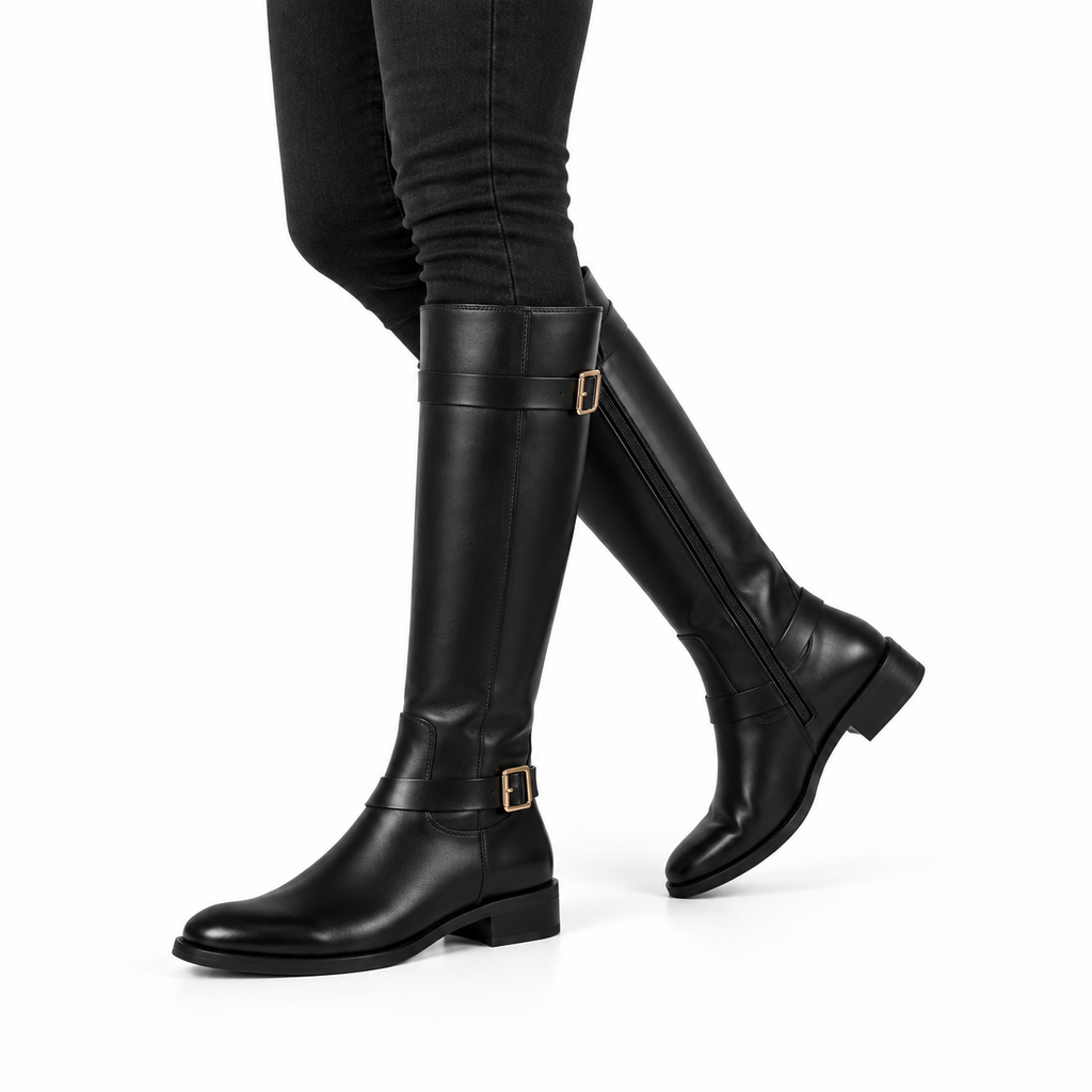Rosamund | Women’s Wide Calf Knee-High Leather Riding Boots with Gold Buckle Straps
