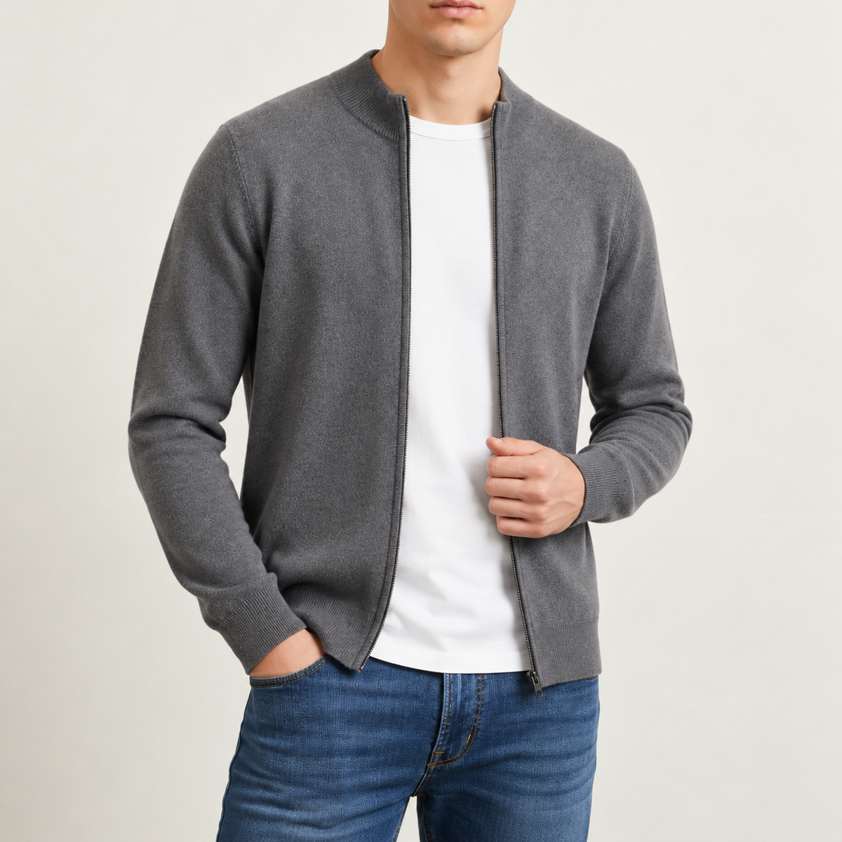 Leandro | Men's Cashmere Blend Zip Cardigan with Ribbed Stand Collar & Fine-Gauge Knit