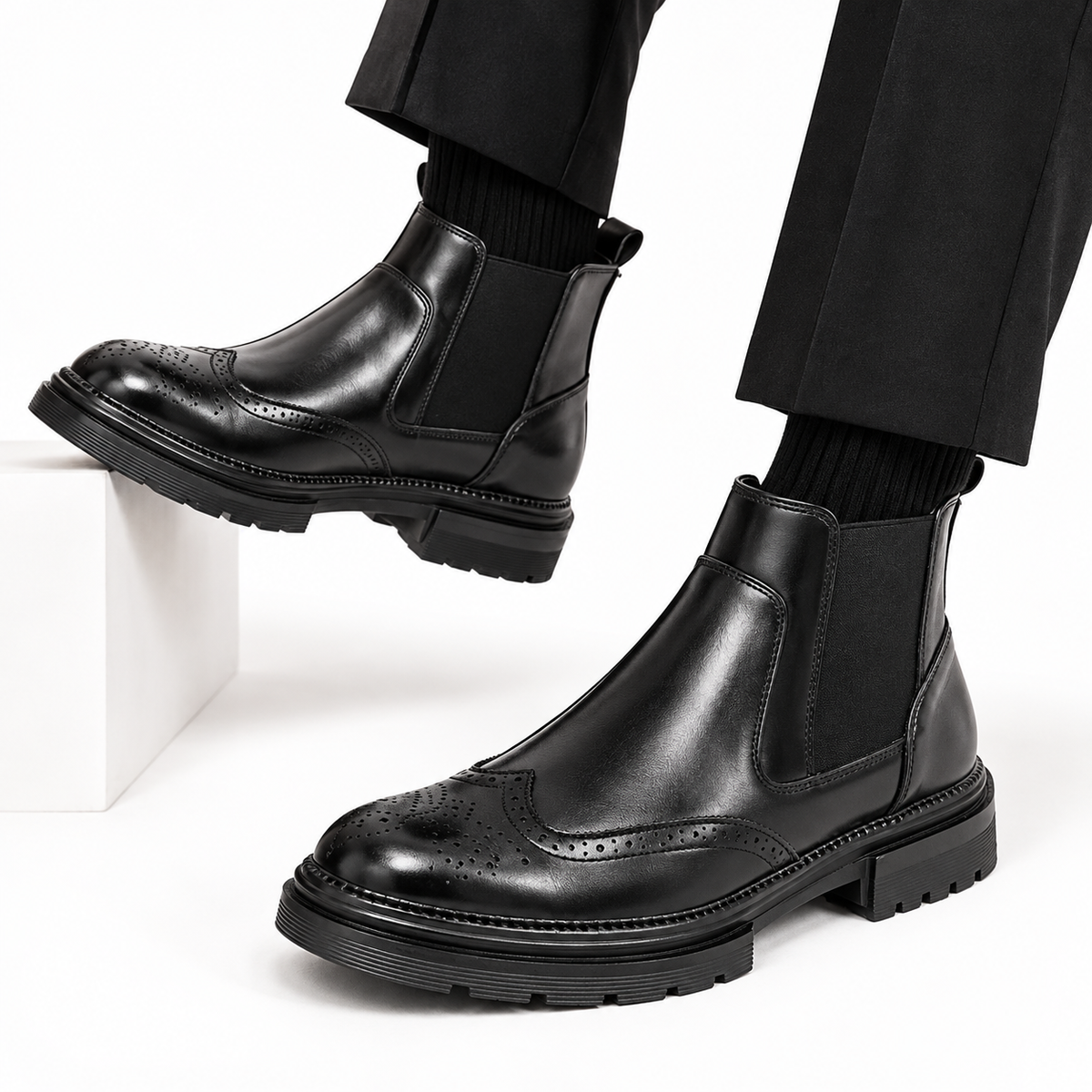 Tavian | Men’s Brogue Chelsea Boots with Elastic Side Panels & Supportive Sole