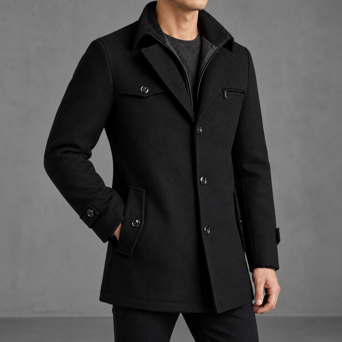 Alaric | Men's Mid-Length Wool Blend Pea Coat with Notched Lapel & Zip-Button Front