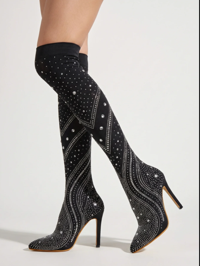 Celestine | Women’s Rhinestone Over-the-Knee Stiletto Boots with Pointed Toe