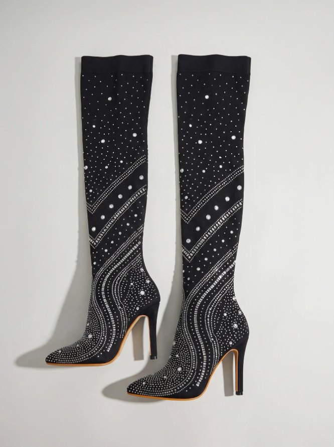 Celestine | Women’s Rhinestone Over-the-Knee Stiletto Boots with Pointed Toe