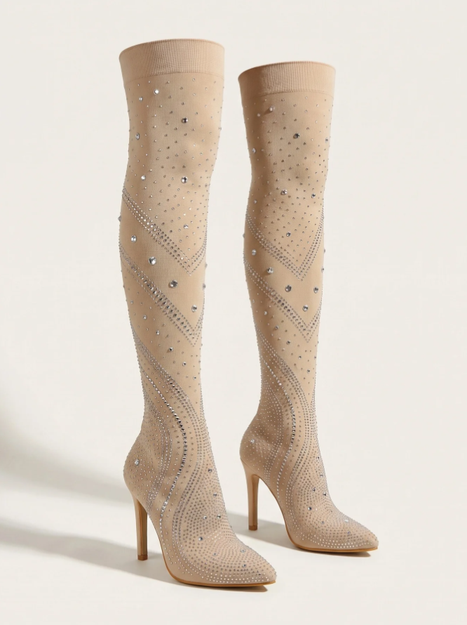 Celestine | Women’s Rhinestone Over-the-Knee Stiletto Boots with Pointed Toe