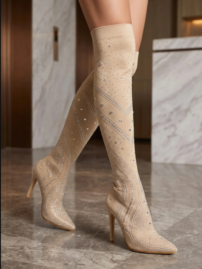 Celestine | Women’s Rhinestone Over-the-Knee Stiletto Boots with Pointed Toe