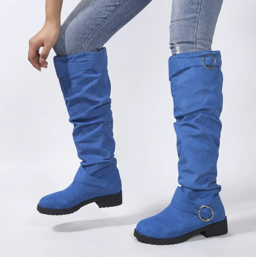 Camille | Women’s Relaxed Slouchy Over-the-Knee Boots with Buckle Strap & Low Block Heel