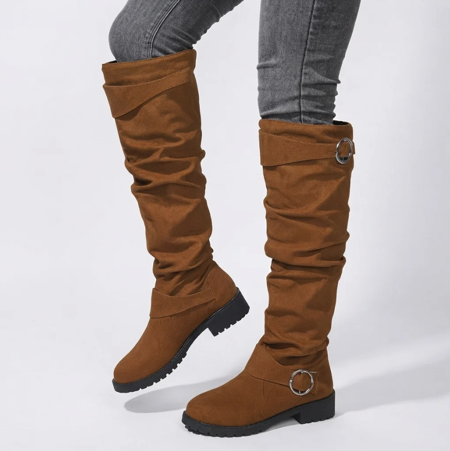 Camille | Women’s Relaxed Slouchy Over-the-Knee Boots with Buckle Strap & Low Block Heel