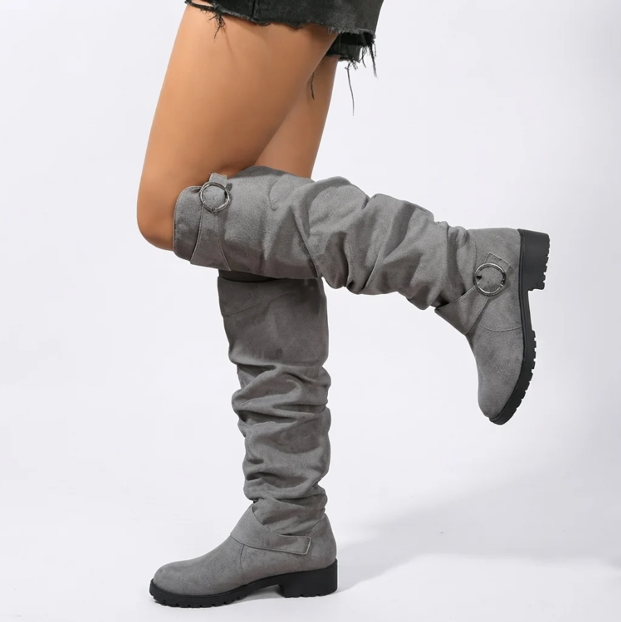 Camille | Women’s Relaxed Slouchy Over-the-Knee Boots with Buckle Strap & Low Block Heel