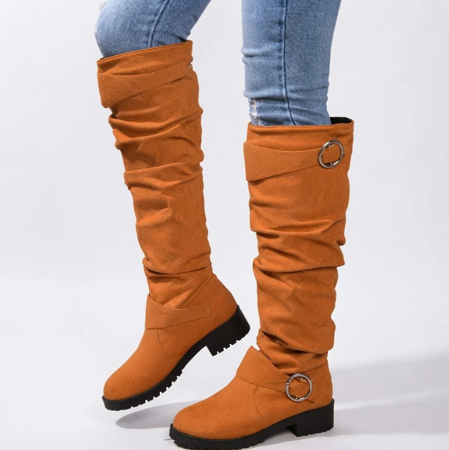 Camille | Women’s Relaxed Slouchy Over-the-Knee Boots with Buckle Strap & Low Block Heel