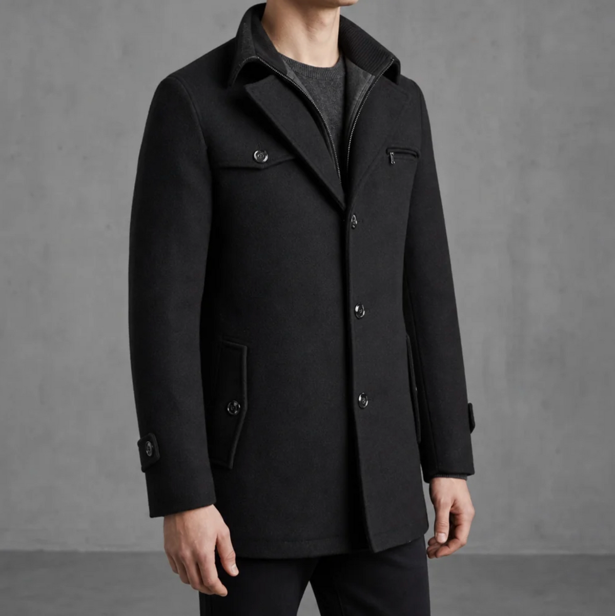 Alaric | Men's Mid-Length Wool Blend Pea Coat with Notched Lapel & Zip-Button Front