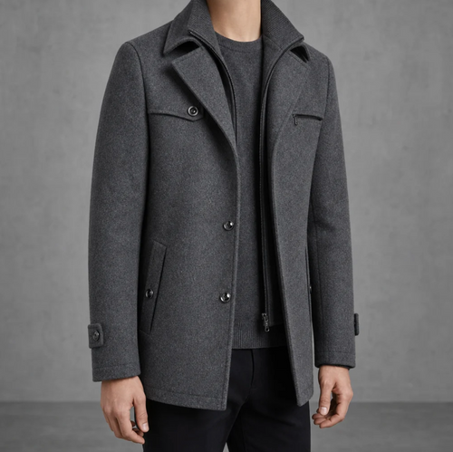 Alaric | Men's Mid-Length Wool Blend Pea Coat with Notched Lapel & Zip-Button Front