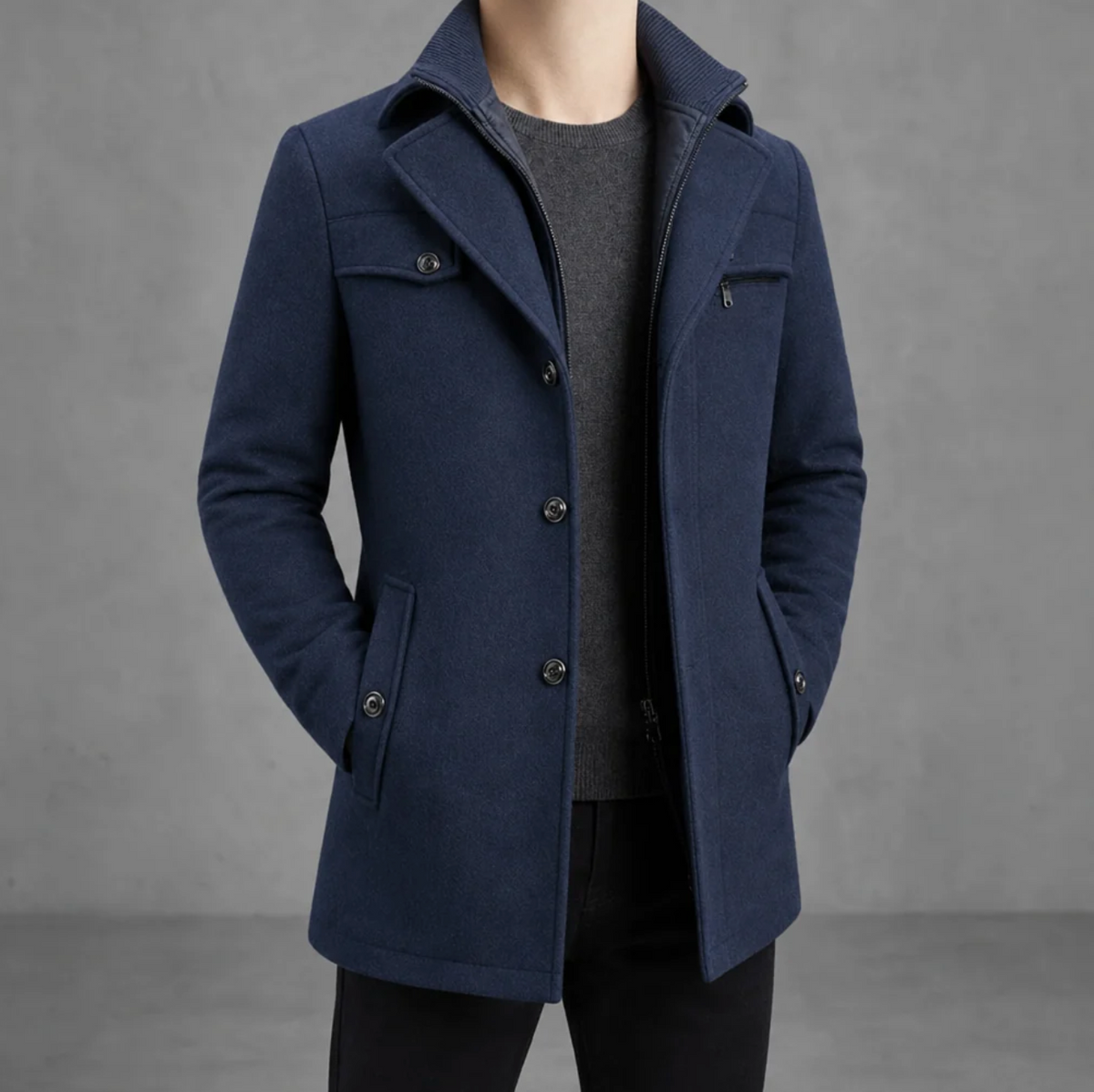 Alaric | Men's Mid-Length Wool Blend Pea Coat with Notched Lapel & Zip-Button Front