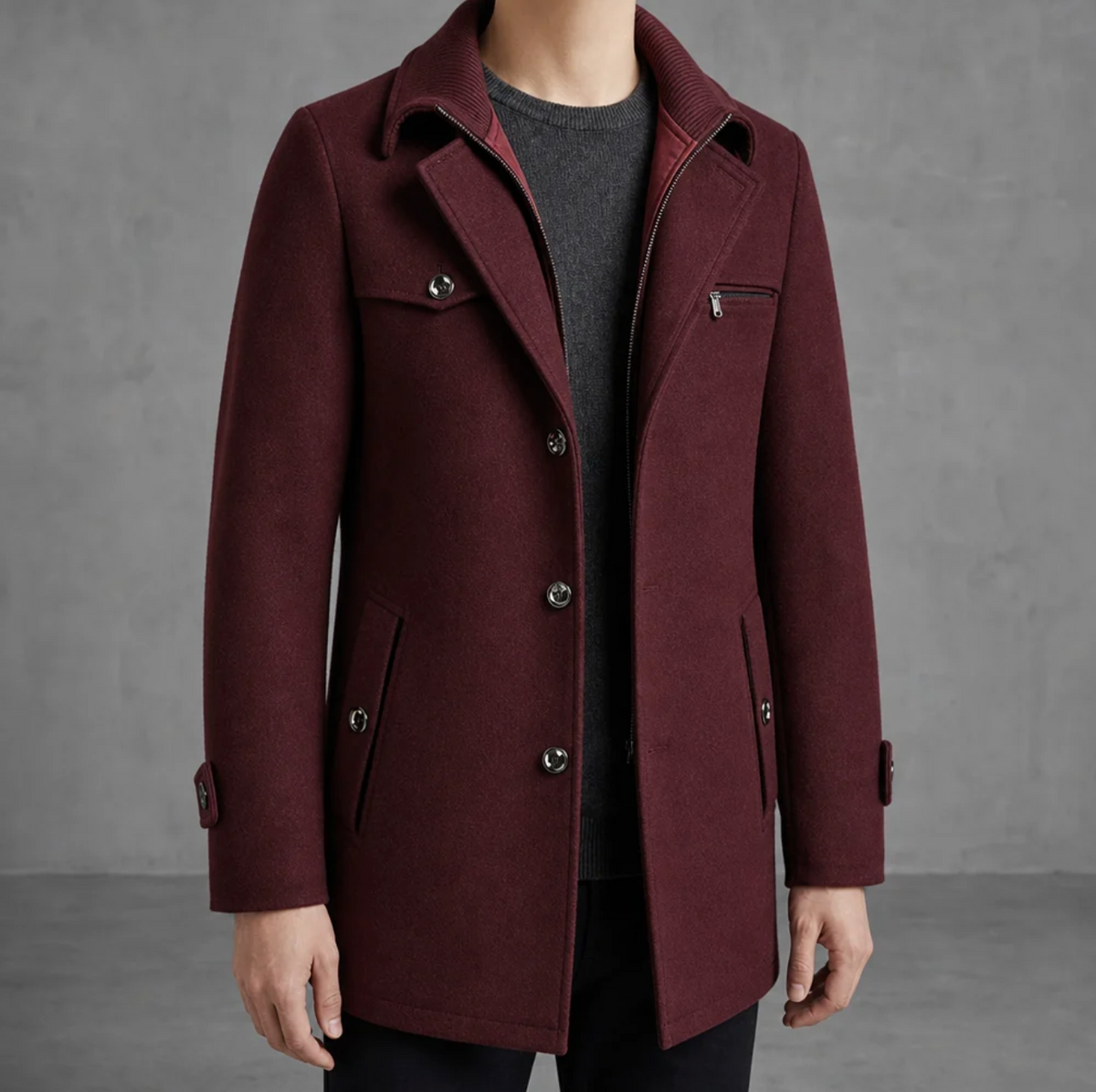 Alaric | Men's Mid-Length Wool Blend Pea Coat with Notched Lapel & Zip-Button Front