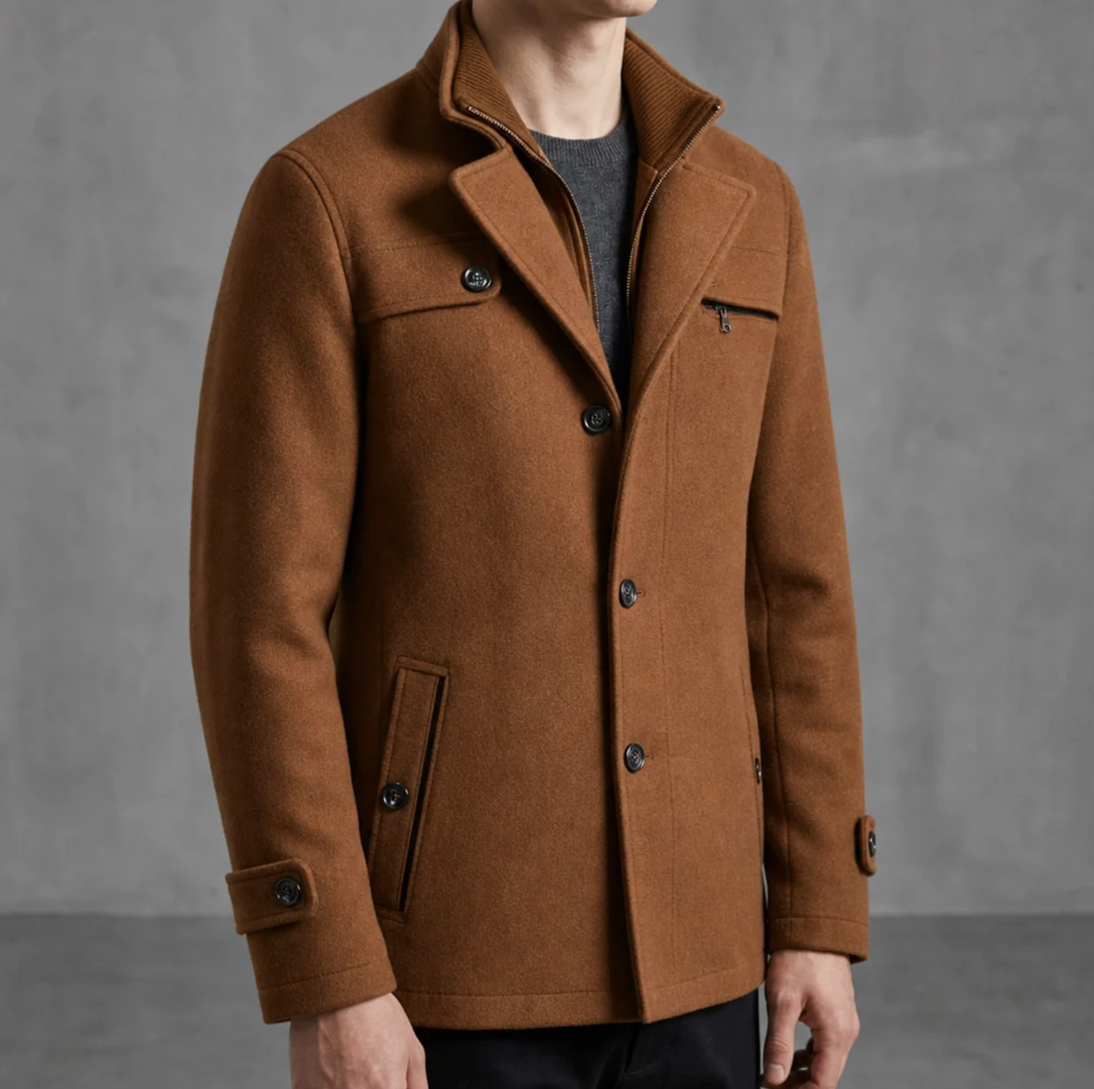 Alaric | Men's Mid-Length Wool Blend Pea Coat with Notched Lapel & Zip-Button Front