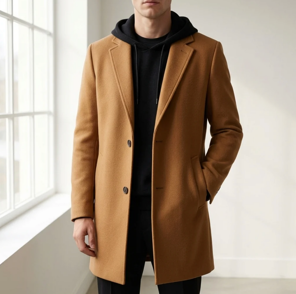 Alden | Men's Wool-Blend Hooded Overcoat with Notched Lapel & Single-Breasted Front