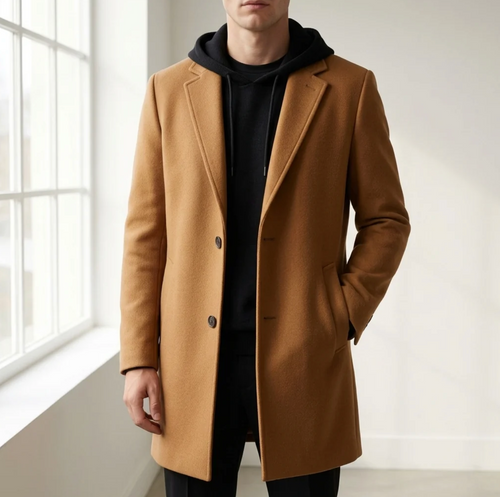Alden | Men's Wool-Blend Hooded Overcoat with Notched Lapel & Single-Breasted Front