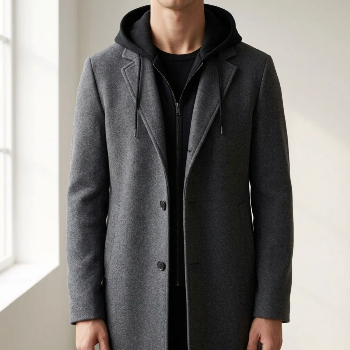 Alden | Men's Wool-Blend Hooded Overcoat with Notched Lapel & Single-Breasted Front