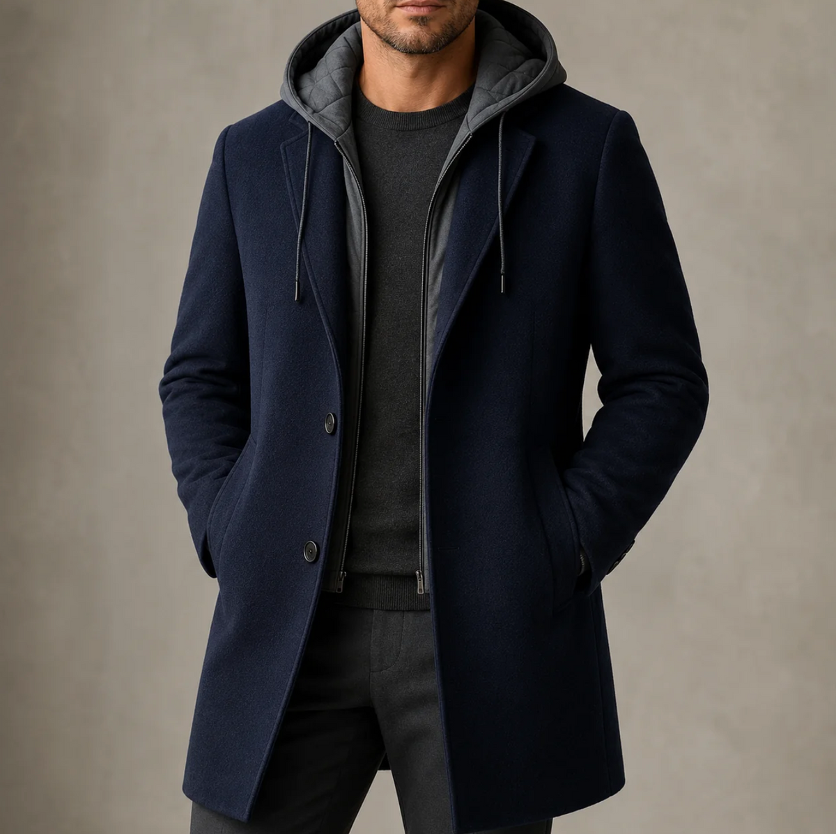 Alden | Men's Wool-Blend Hooded Overcoat with Notched Lapel & Single-Breasted Front