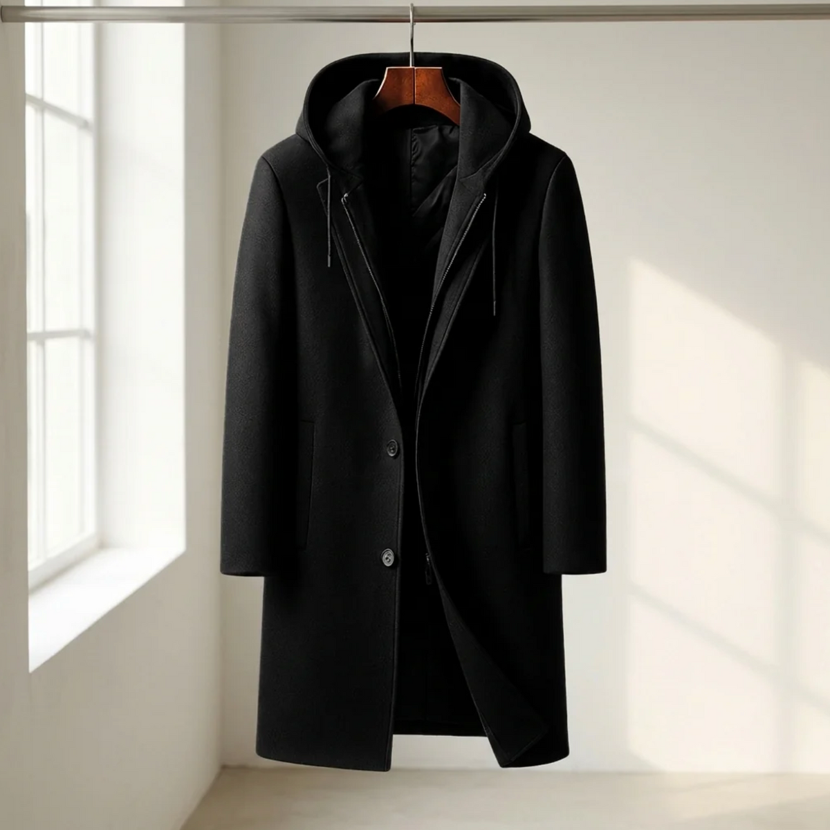 Alden | Men's Wool-Blend Hooded Overcoat with Notched Lapel & Single-Breasted Front