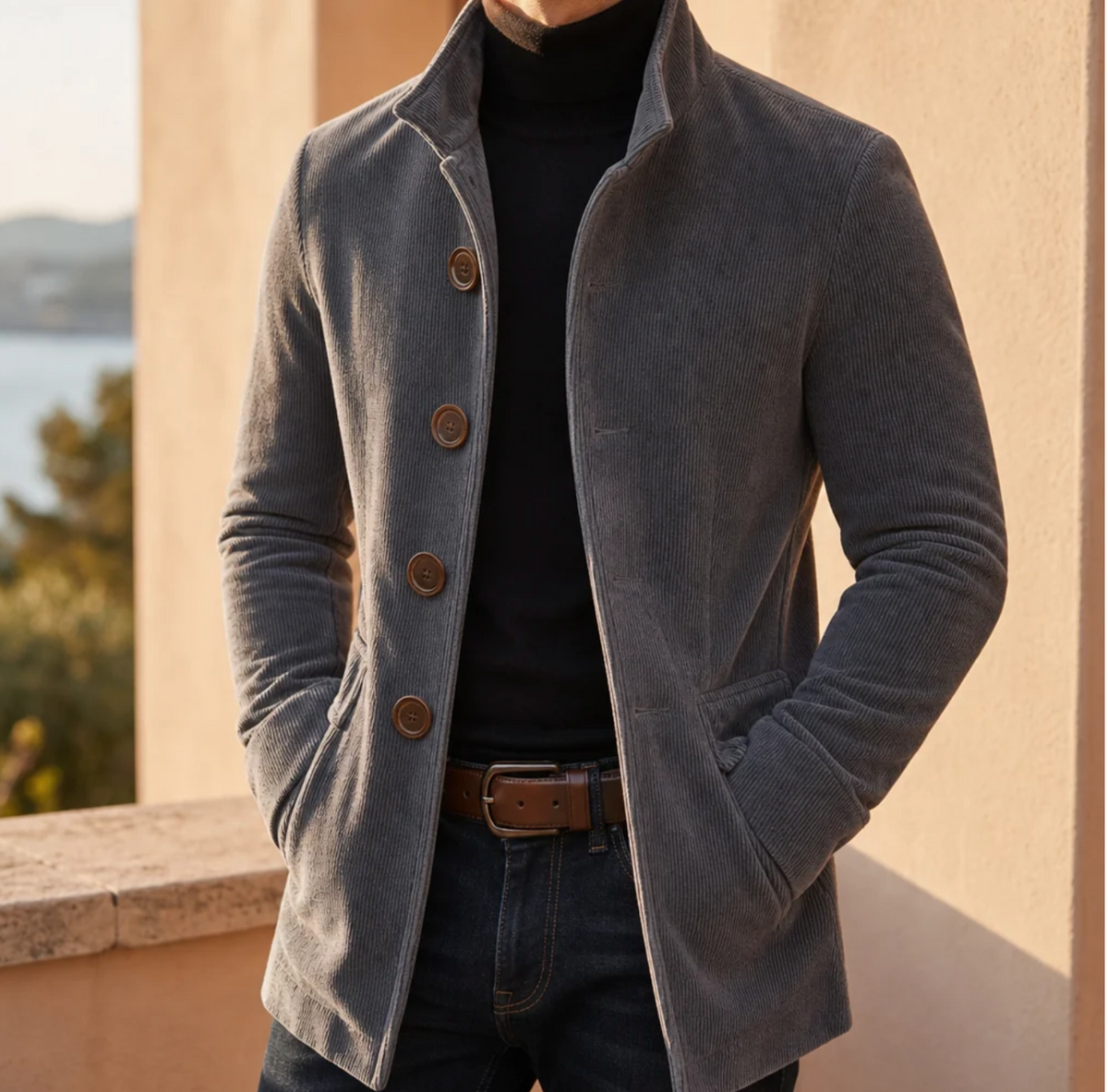 Lucien | Men's Slim-Fit Corduroy Blend Overcoat with Notch Lapel & Single-Breasted Front