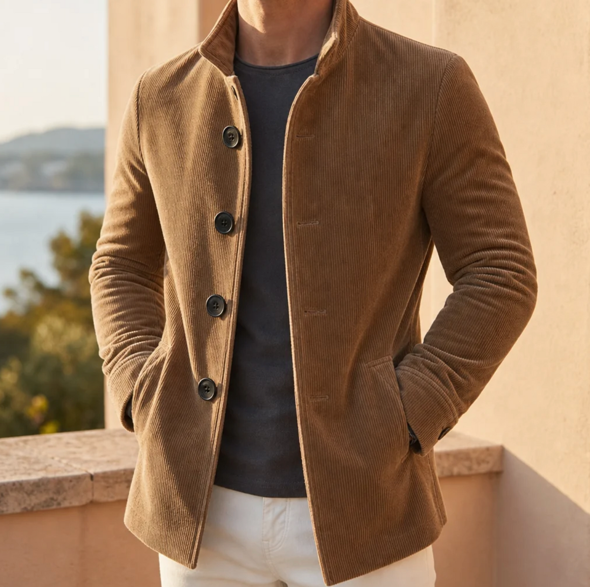 Lucien | Men's Slim-Fit Corduroy Blend Overcoat with Notch Lapel & Single-Breasted Front