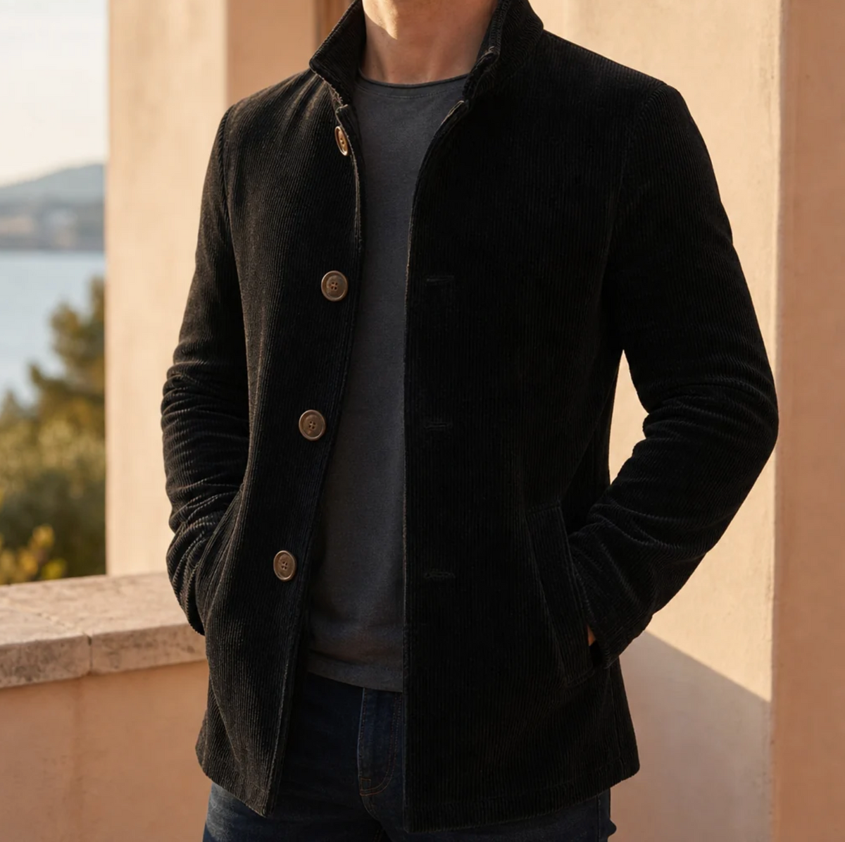Lucien | Men's Slim-Fit Corduroy Blend Overcoat with Notch Lapel & Single-Breasted Front