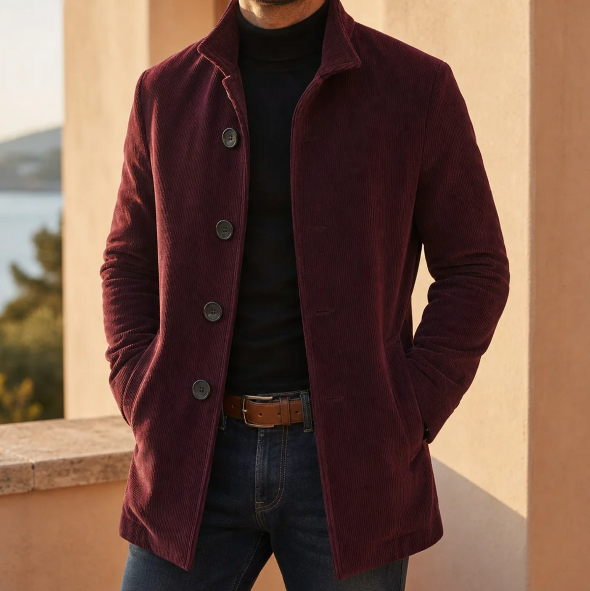 Lucien | Men's Slim-Fit Corduroy Blend Overcoat with Notch Lapel & Single-Breasted Front